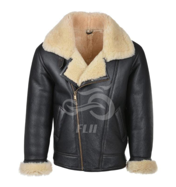Black FLII Shearling Sheepskin Leather Jacket with shearling lining and aviator-style design.