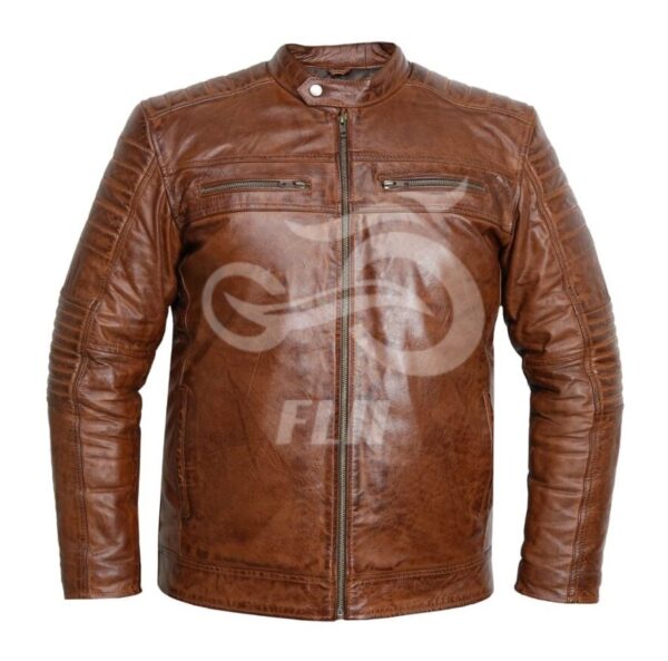 FLII Cafe Racer Leather Jacket in brown with padded shoulders, zippered pockets, and classic café racer design.