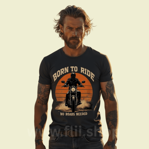 man wearing born to ride t-shirt with biker and sunset design