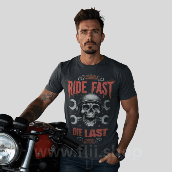 man wearing ride fast die last biker skull t-shirt with helmet and wrench design