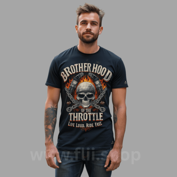 biker wearing brotherhood of the throttle skull and piston t-shirt with flames